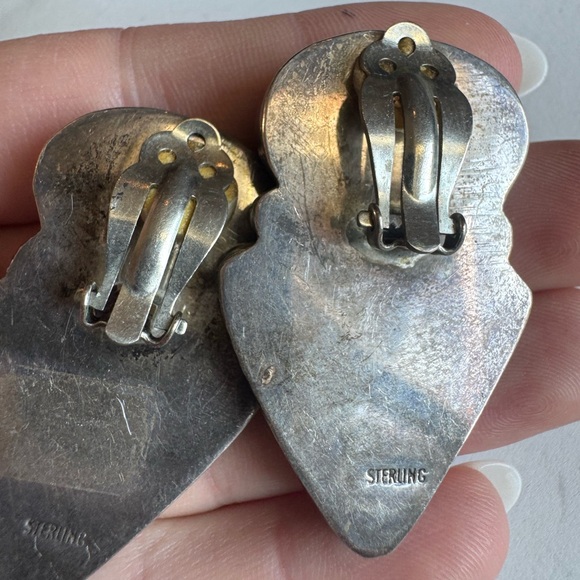 Elegant Sterling Silver Green Abalone and Black Onyx Clip Earrings 26.6g - Picture 13 of 15